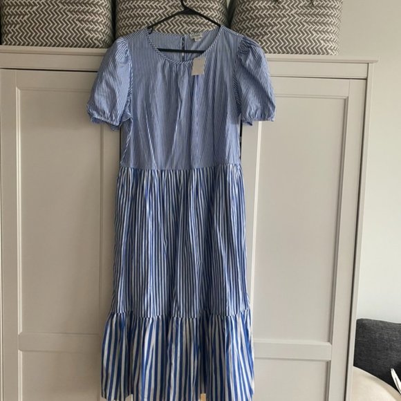 NEW - J. Crew Blue and White-Striped Midi Dress, Size 10. - Picture 1 of 4
